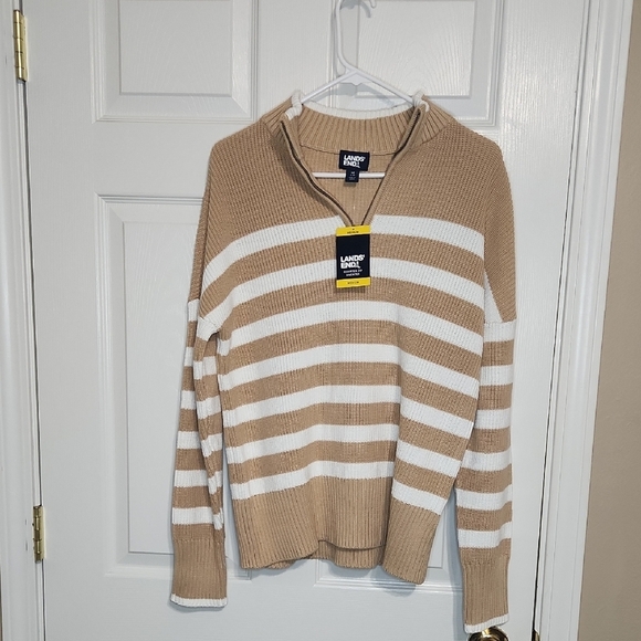 Lands' End Tan and White Striped Quarter Zip Sweater - Picture 1 of 4